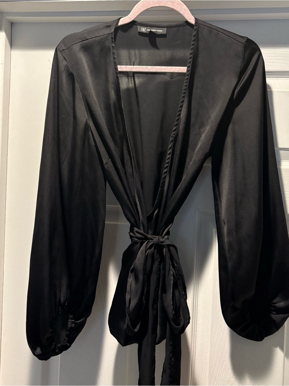 INC International Concepts Black Satin Tie-Front Wrap Top S/L